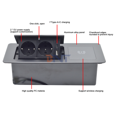 Wireless Charging Power Socket Box Pop-up Electrical 2-Outlet Table with USB A+C Ports