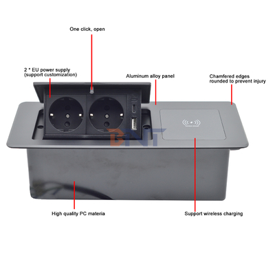 Wireless Charging Desktop Table Pop-up Power Socket Multi-Connection Box Featuring 2 AC Outlets 10A IP44